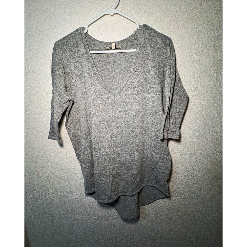 Express Women's Gray Solid V-Neck 3/4 Sleeve Cotton Knit Pullover Sweater M